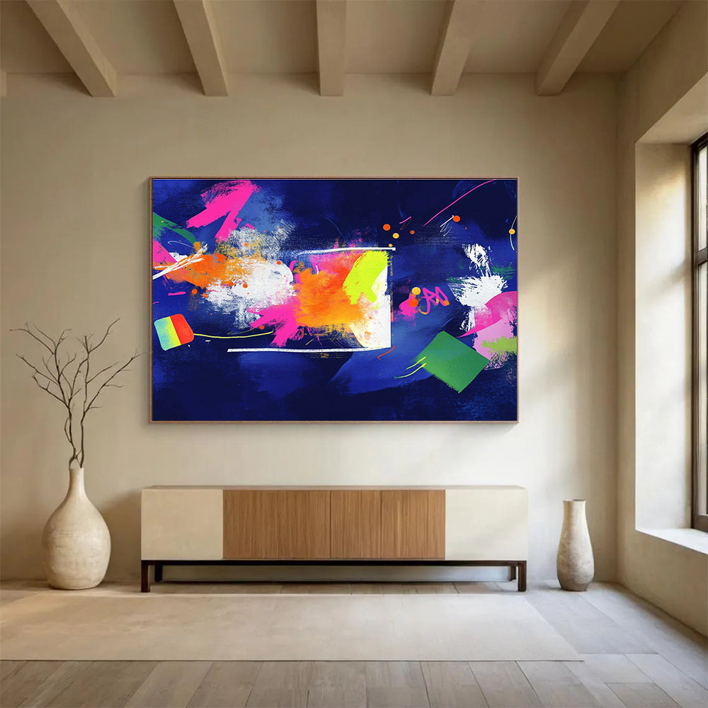 A large abstract art piece featuring bold colors and geometric shapes, creating an energetic atmosphere that inspires knowledge and creativity.SC460