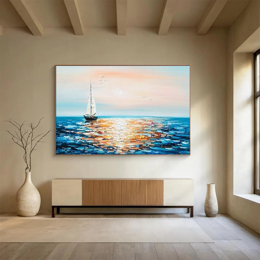 Sailboat Sunset Abstract Painting with Orange, Pink, and Blue Tones THY188