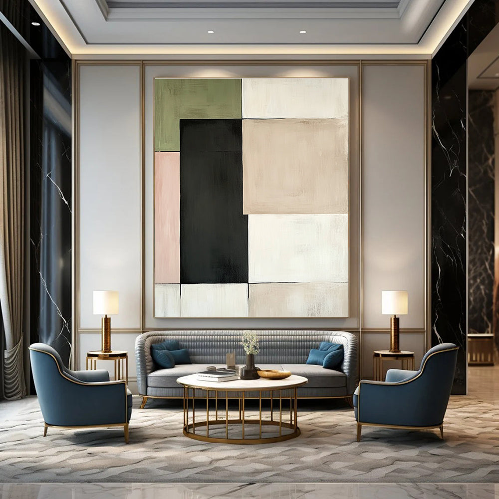 Large abstract painting featuring beige green and black squares with dark grey accents set against a white background with pale pink and light brown highlights.STSC764