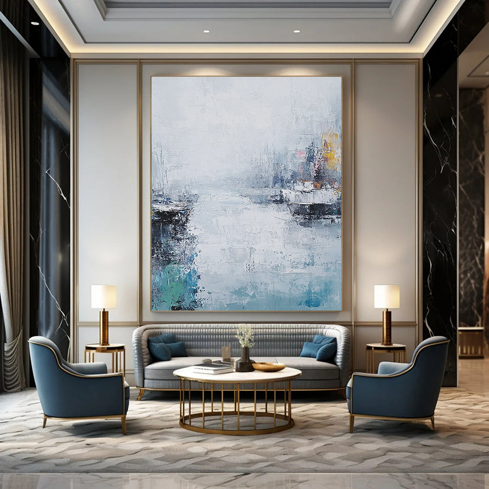 Large abstract painting of the sea featuring muted colors thick brush strokes and a vintage coastal cityscape under a foggy sky.STSC199