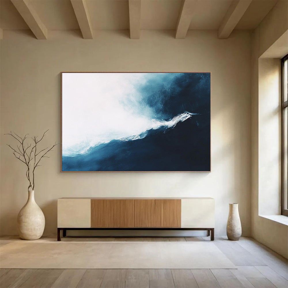 Blue and White Wave Abstract Painting with Dynamic Brushstrokes DYP338