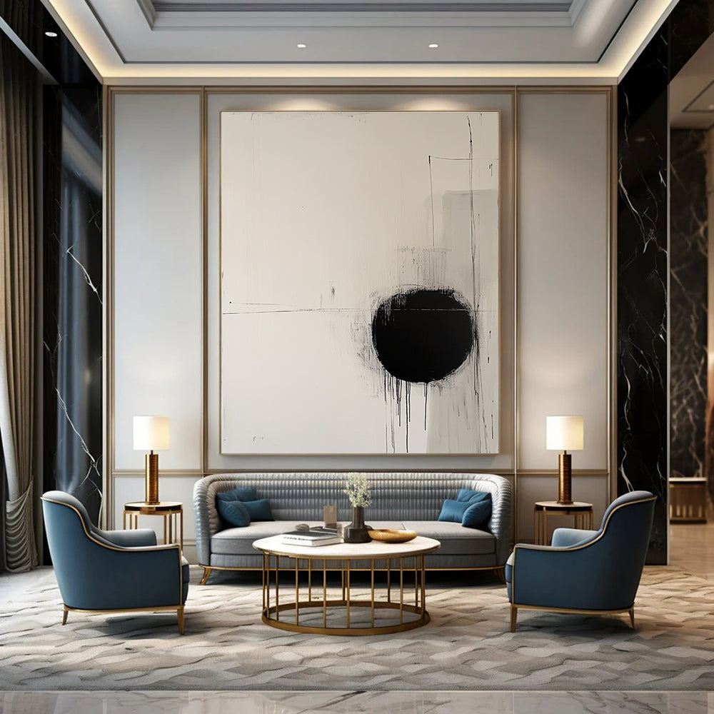 Large abstract painting featuring a round black circle on off-white canvas surrounded by delicate lines evoking movement and tranquility.STSC1067