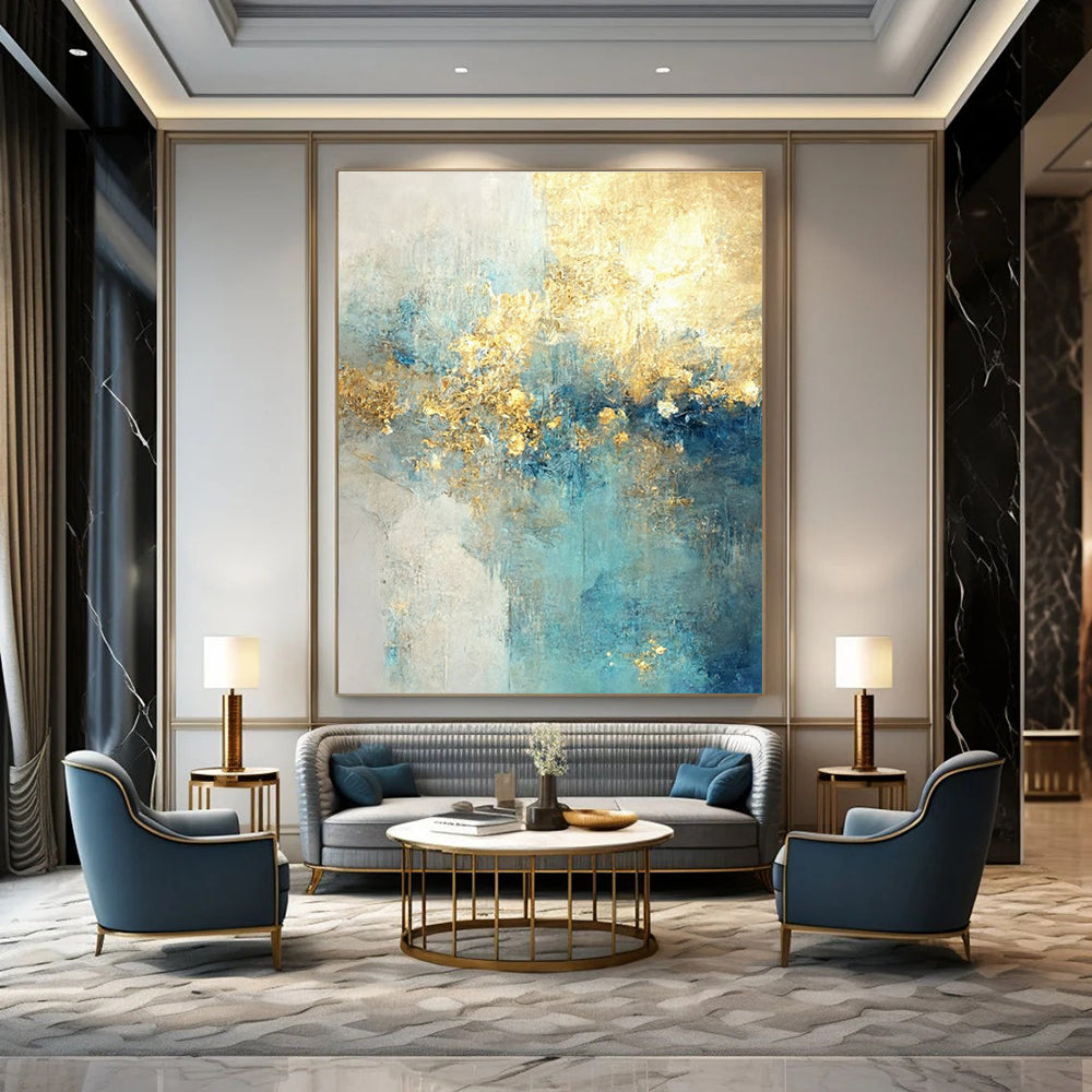 Light Blue and Gold Abstract Painting with Ethereal Textures ADGE077