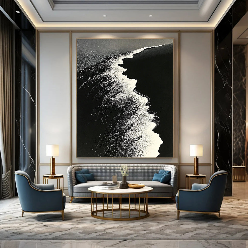 Large abstract painting of ocean waves blending into a white beach with contrasting black sand captured in a dynamic perspective.STSC1430