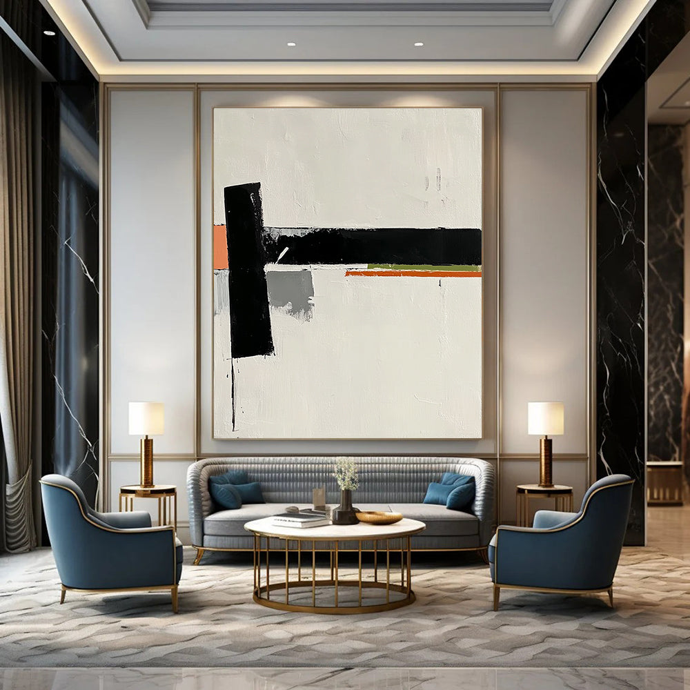 A large abstract painting features a white background with a small black rectangle and orange stripes alongside gray and green shapes embodying elegance.STSC569