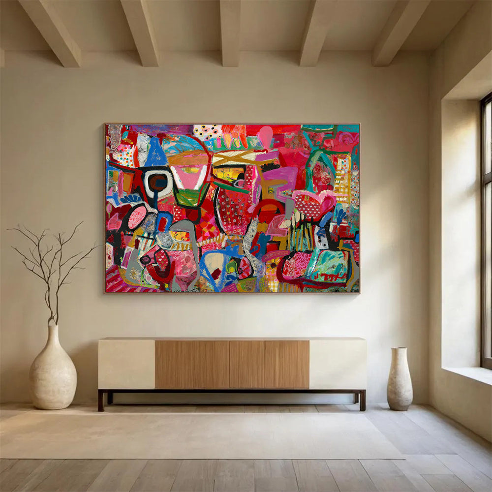 Playful Abstract Painting with Pink, Red, and Colorful Patterns THY239