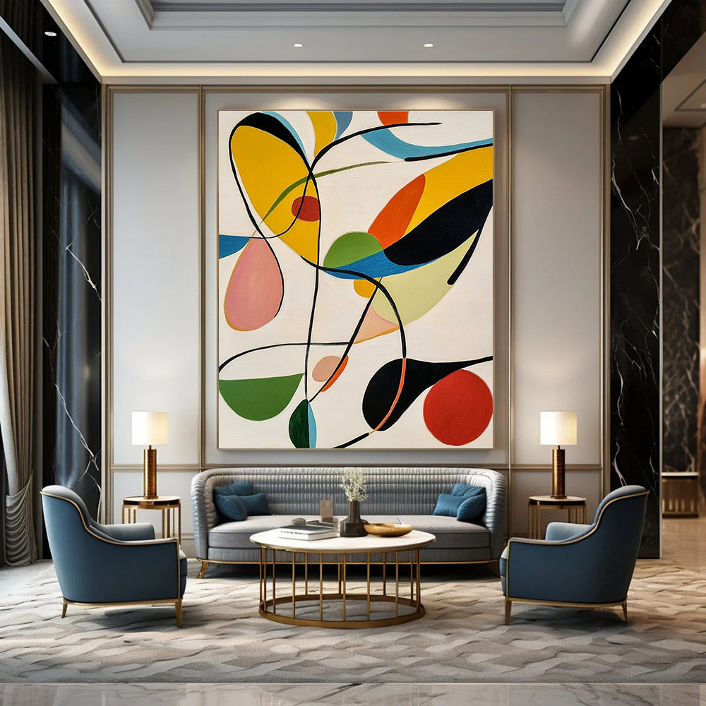 Large abstract painting featuring colorful organic shapes and bold black lines against a white background inspired by Matisse's style.STSC1315