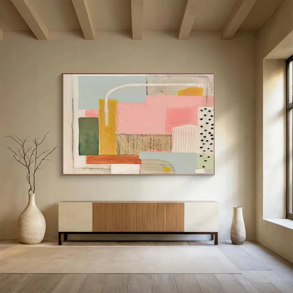 Pastel Geometry Abstract Painting with Pink, Green, and Yellow Tones THY204