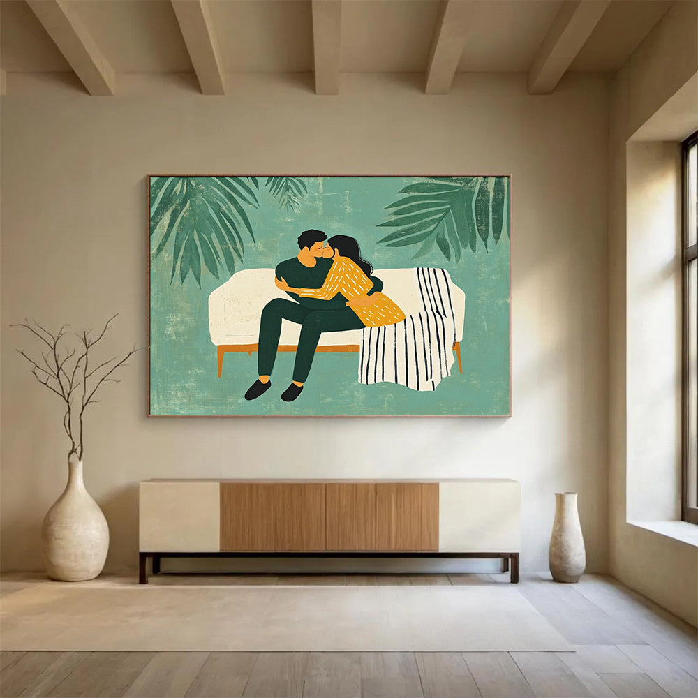 Romantic Couple Abstract Painting with Green and Yellow Tones DYP558