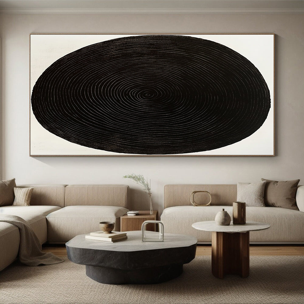 Black Oval with White Rings Abstract Painting on White Background GER021
