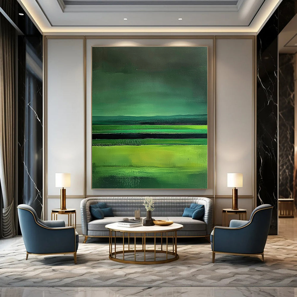 Large abstract painting featuring green fields dark sky and lake in a minimalist style with fluid lines inspired by Mark Rothko.STSC309