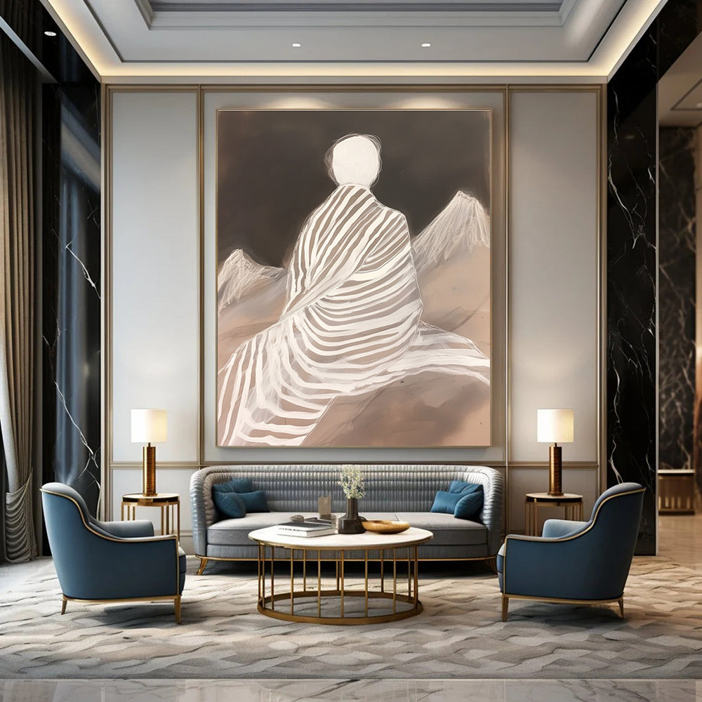 Large abstract painting featuring a zebra-patterned blanket wrapped around a woman atop mountains in layered translucency and fluid lines.STSC1292