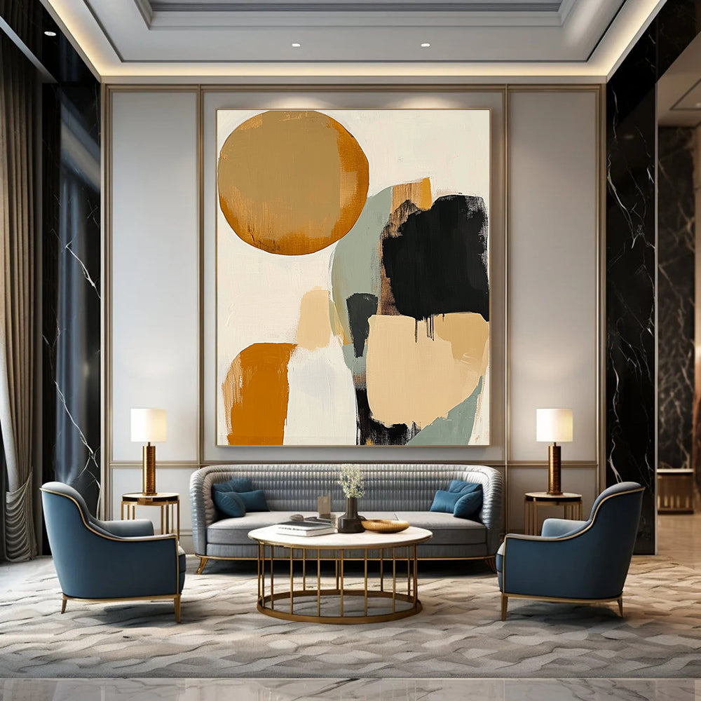 Large abstract artwork featuring earthy tones with circles and ovals surrounded by soft gray lines against a white background for an elegant look.STSC475