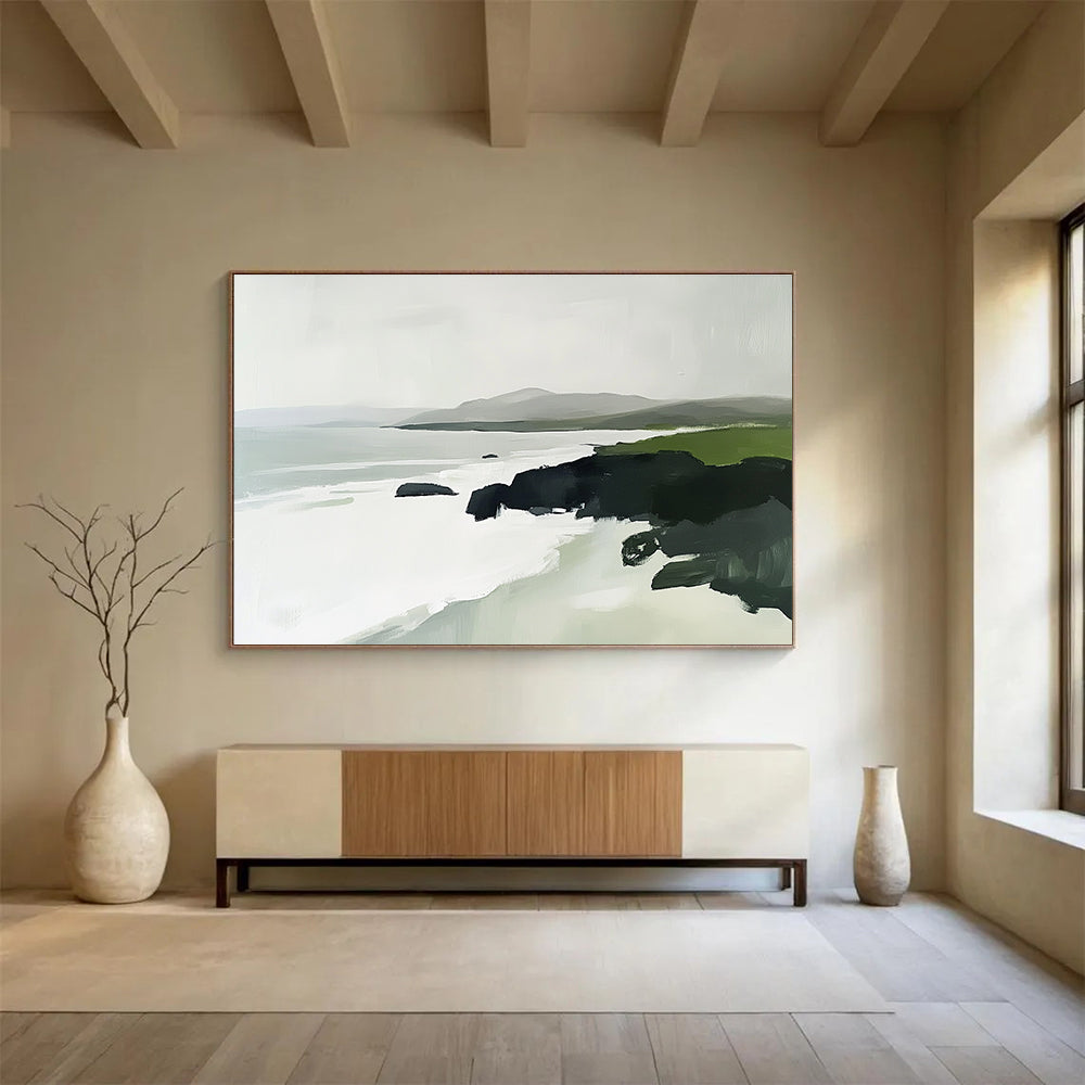 Abstract painting of the Irish coast featuring green rocks white waves and distant mountains in a minimalist style with soft edges and natural lighting.SC160