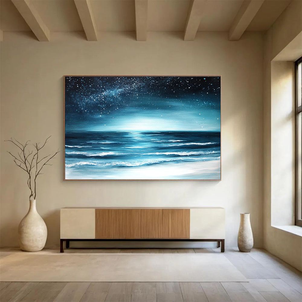Starry Sea Abstract Painting with Deep Blue and Silver Tones DYP554