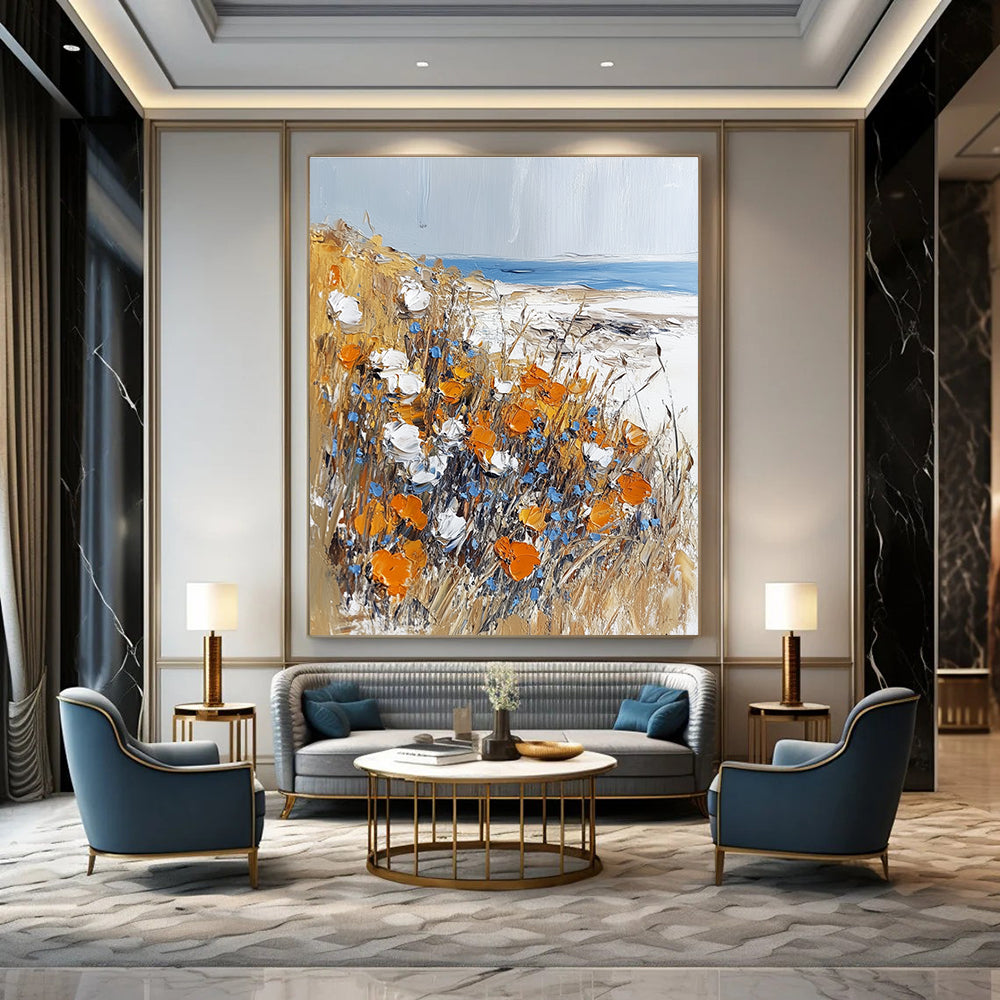 Abstract painting featuring impasto technique with meadow flowers on the beach in white orange and light blue hues.STSC1369