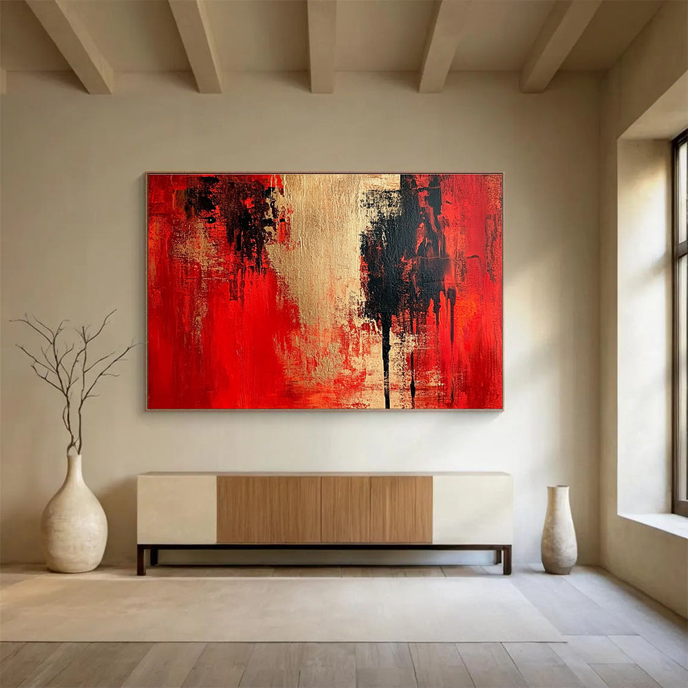 Large abstract painting featuring textured red and beige, vintage oil color palette, high resolution, detailed, and high contrast art inspired by Carolee Schneemann.SC272