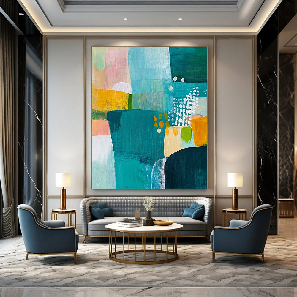 Large abstract painting featuring a landscape in teal yellow and green complemented by white dots and bold expressive brush strokes.STSC608