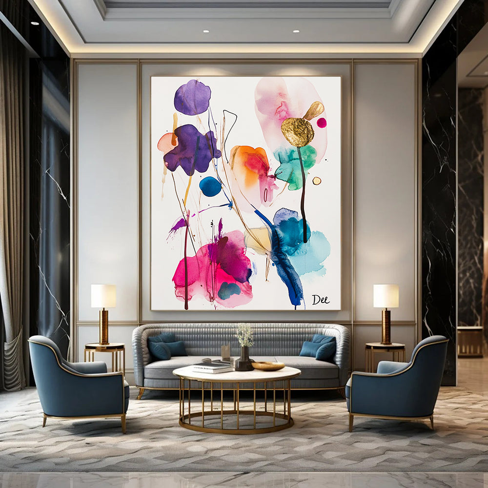 Large abstract watercolor and ink painting featuring colorful shapes and gold foil accents on a white background inspired by the style of artist Dee.STSC839