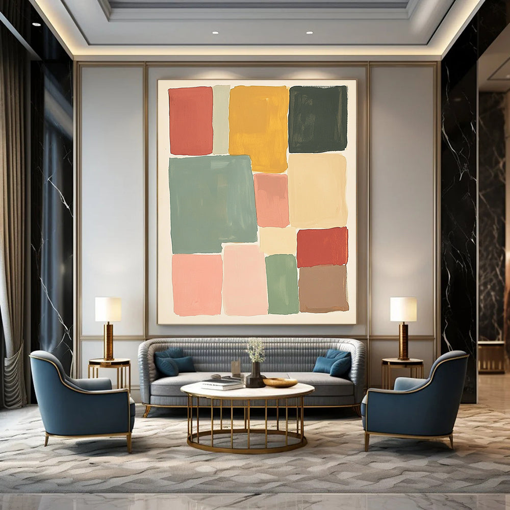 Large abstract painting featuring muted colors and soft hues in thick block shapes of sage green pink red and yellow against a white background.STSC1361