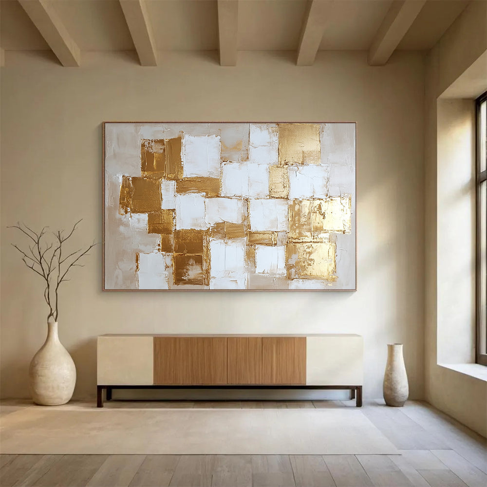 Gold and White Geometric Abstract Painting with Textured Squares DYP451