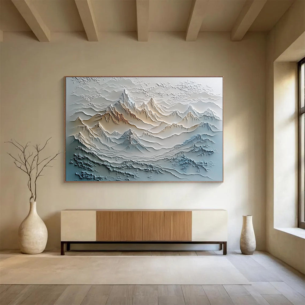 A large abstract painting featuring textured layers of mountains and rivers in vibrant colors, set against a misty, tranquil landscape.SC624