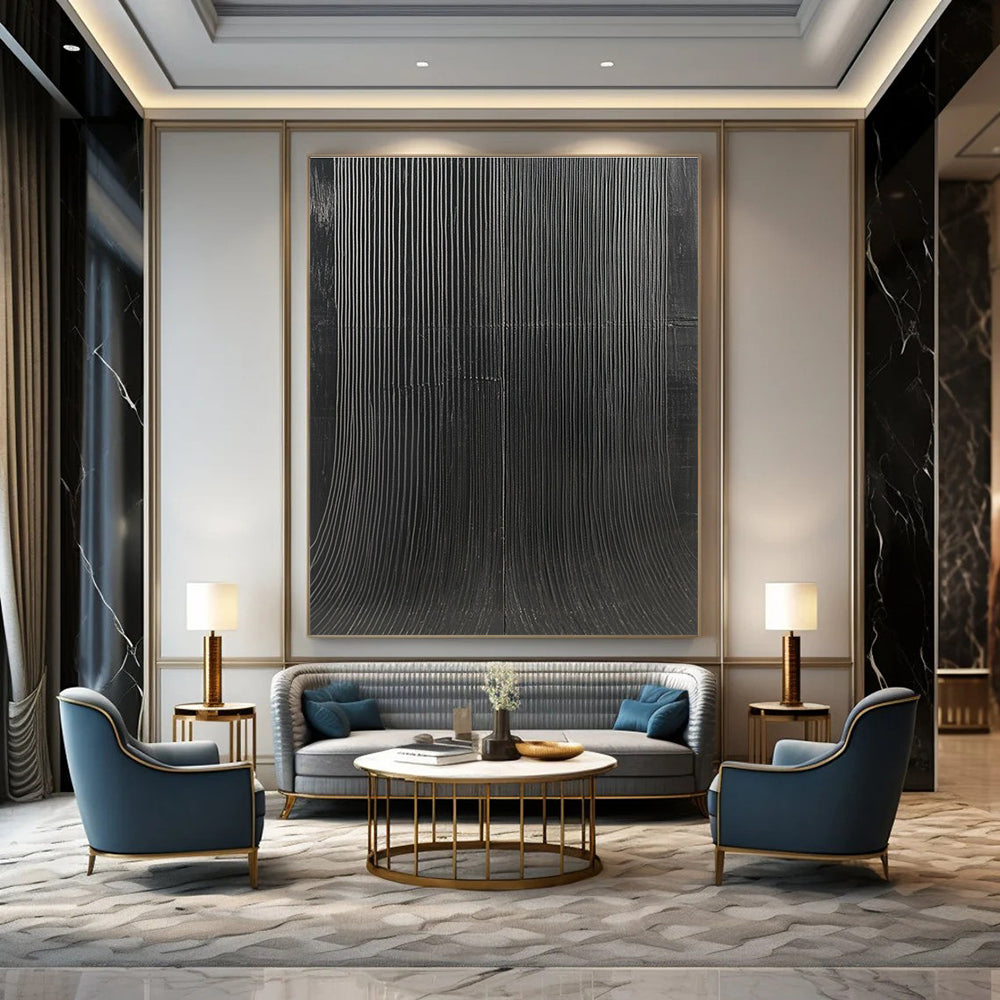 Large abstract painting featuring textured black canvas with S-shaped vertical lines in minimalist style high contrast smooth curves and waves.STSC1280