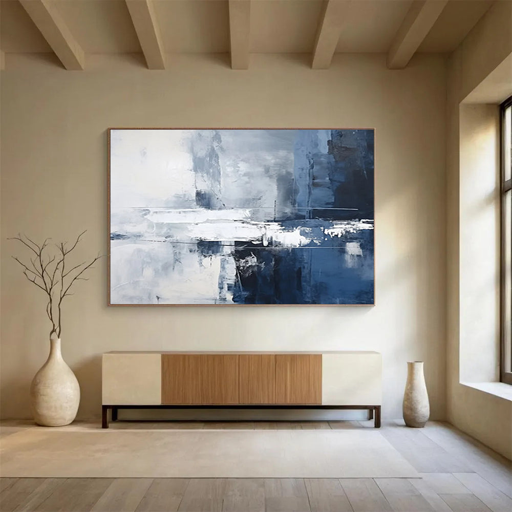 Blue and White Textured Abstract Cityscape - like Painting THY102