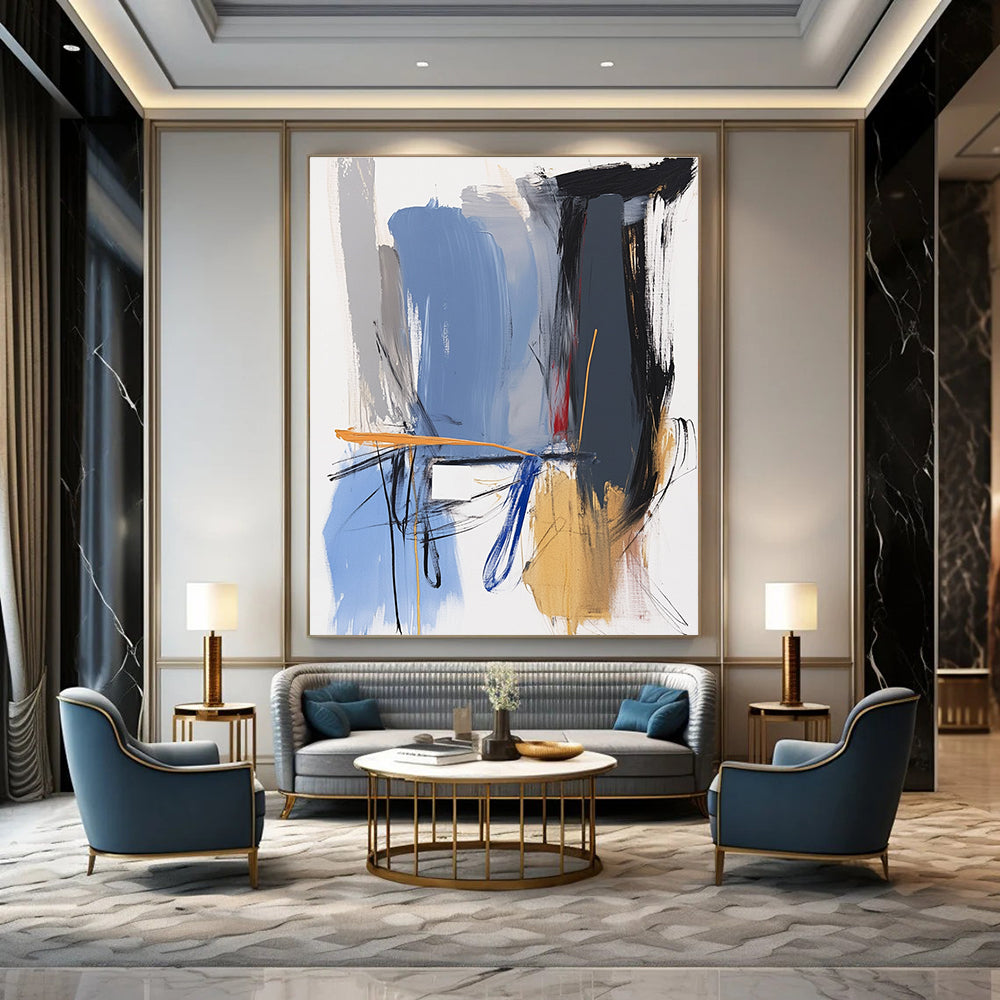 Abstract painting featuring blue grey and gold hues with a white square and expressive forms in impasto style.STSC743