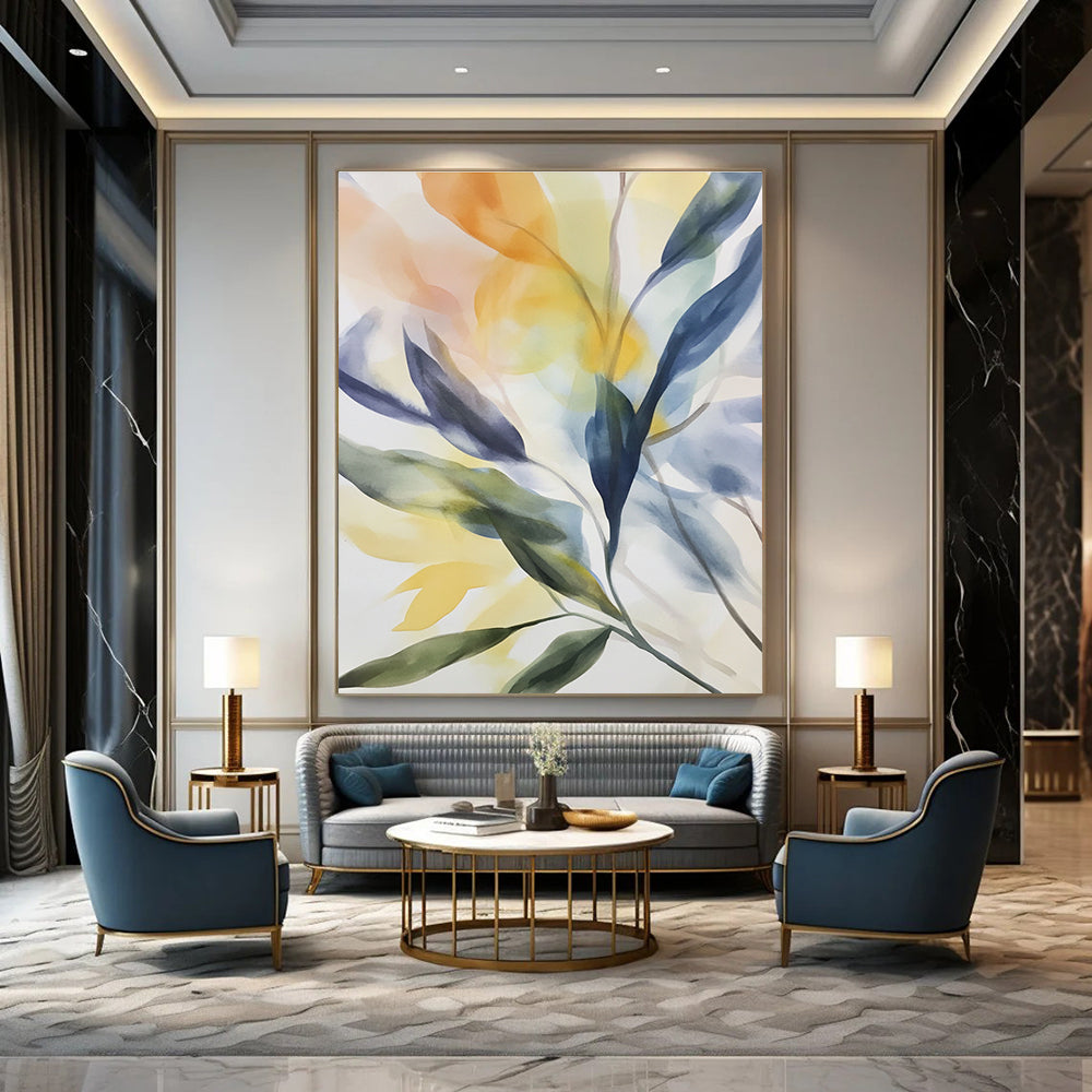 Large abstract watercolor painting featuring delicate leaves and flowers in indigo blue yellow-green light orange pale purple light pink and dark gray.STSC502