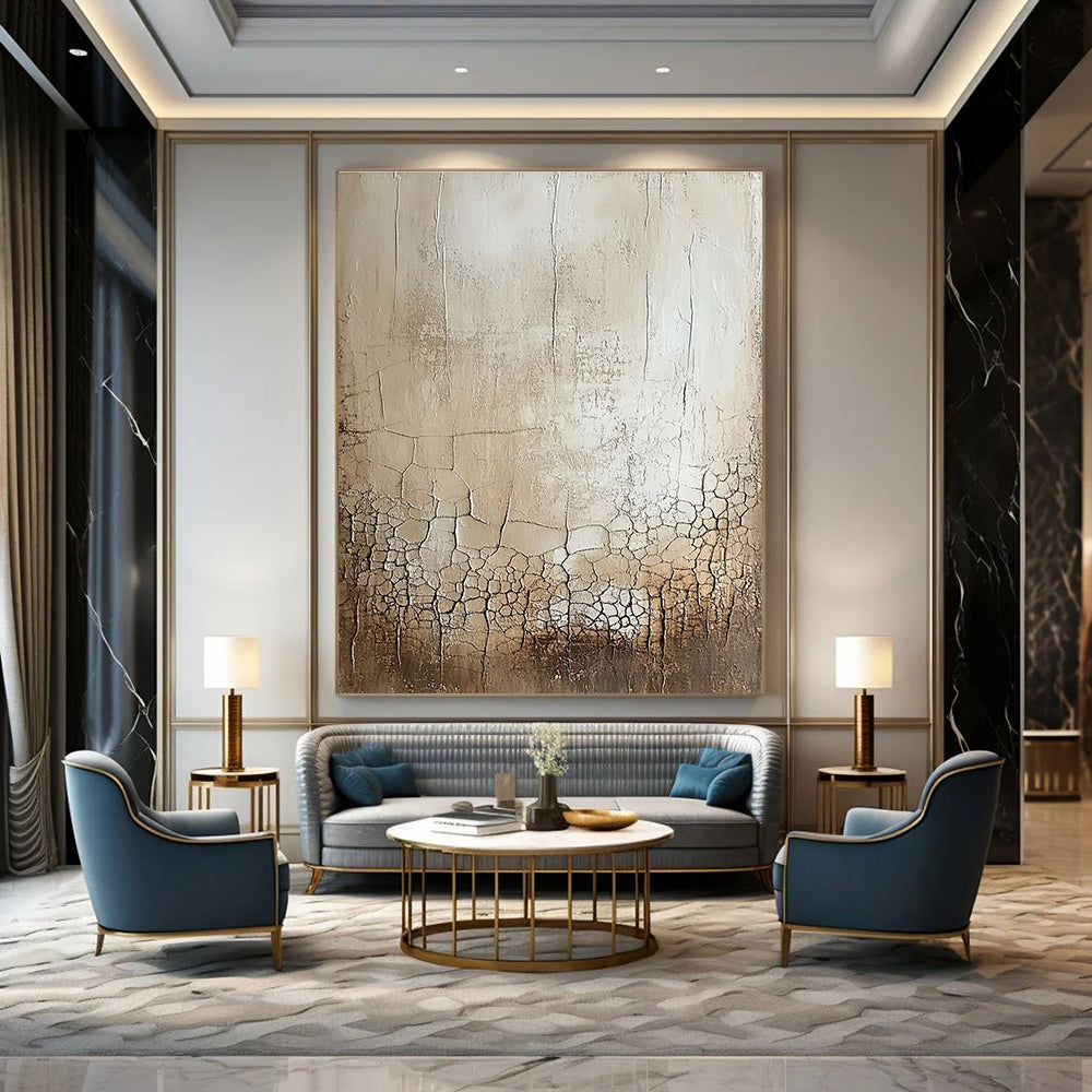 Large abstract painting featuring a blank canvas with a delicate white glaze showcasing random cracks and swirls in beige and gray shades.STSC292