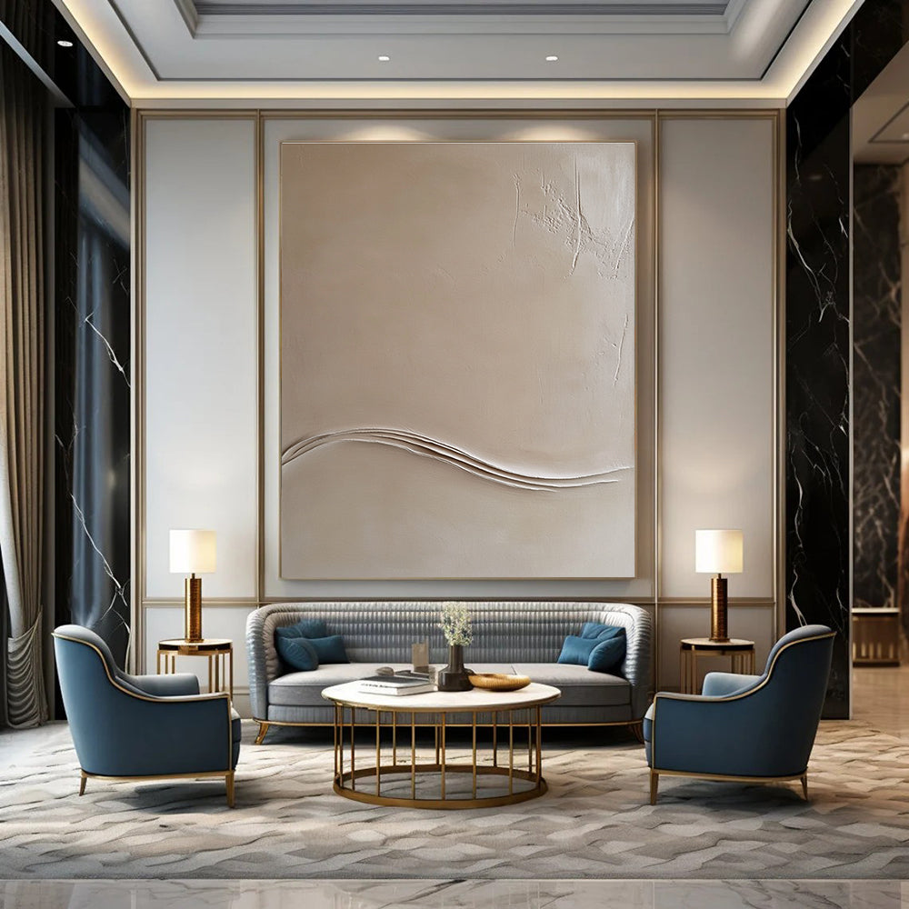 Abstract drawing featuring a beige wall with thin lines and an embossed white wave contour in the top right corner.STSC548