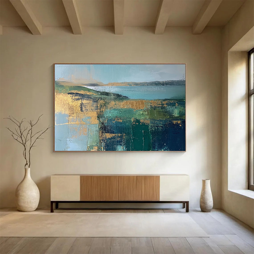 Blue Green Gold Landscape Abstract Painting with Geometric Textures DYP268