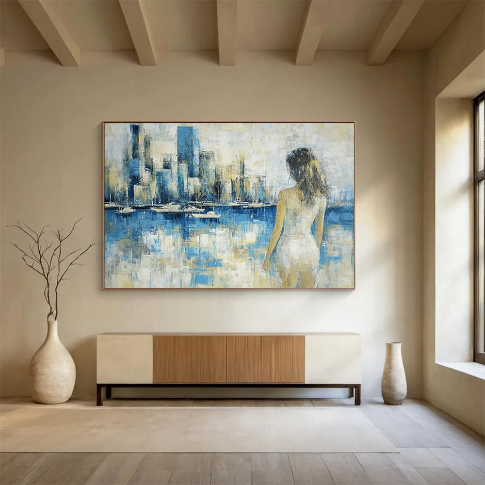 Large abstract painting of a vibrant cityscape in textured gold blue purple and red with impasto strokes and palette knife techniques.SC356
