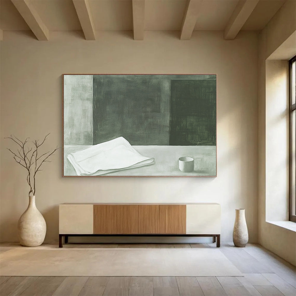 A large abstract painting featuring a folded white sheet with soft edges and hazy details in green and gray tones inspired by Peter Doig.SC571