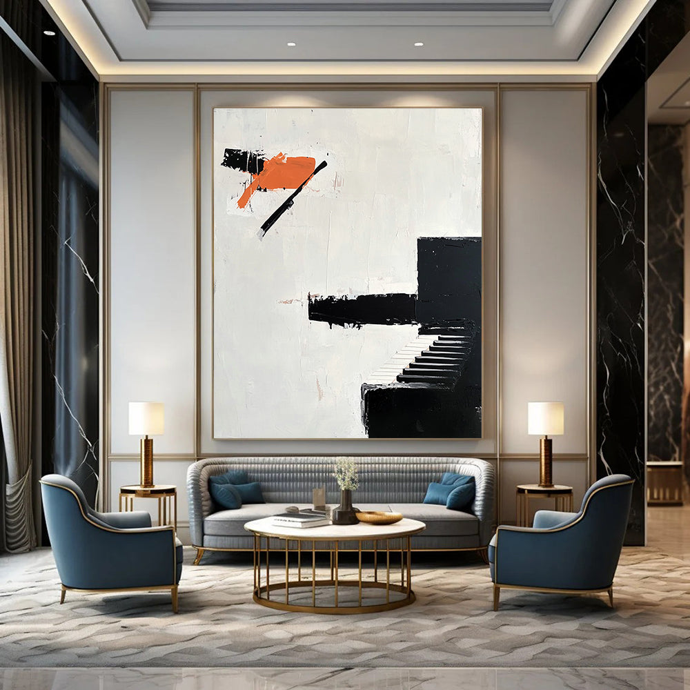 Abstract oil painting featuring bold impasto brush strokes with a minimalist design including an abstract black piano and orange shapes.STSC1089