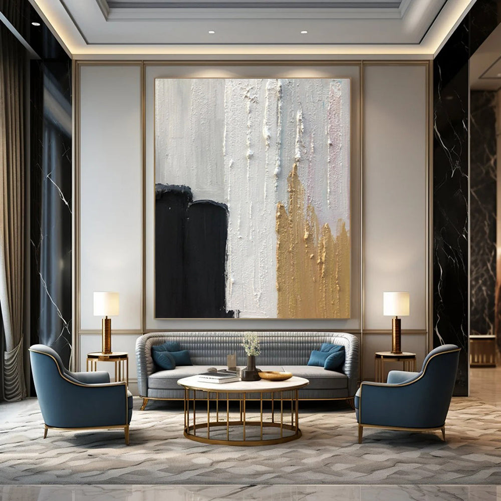 Black, White, and Gold Textured Abstract Painting with Elegant Accents ADGE397
