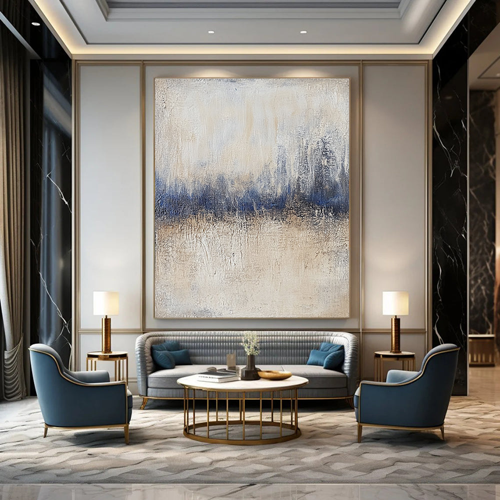 Large abstract painting featuring textured beige and blue tones with vintage aesthetics and impasto technique on a layered gray background.STSC732