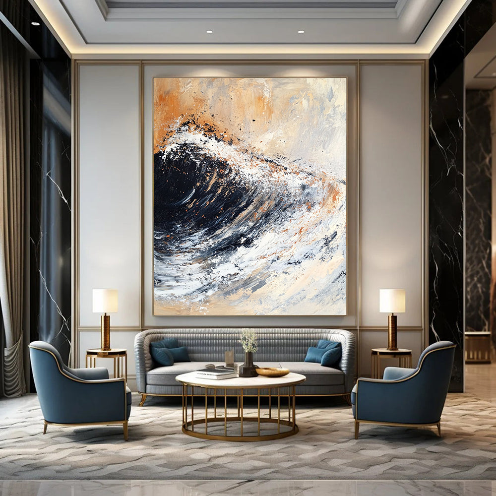 Large abstract painting featuring textured brush strokes of black and white with rusty orange and brown accents.STSC140
