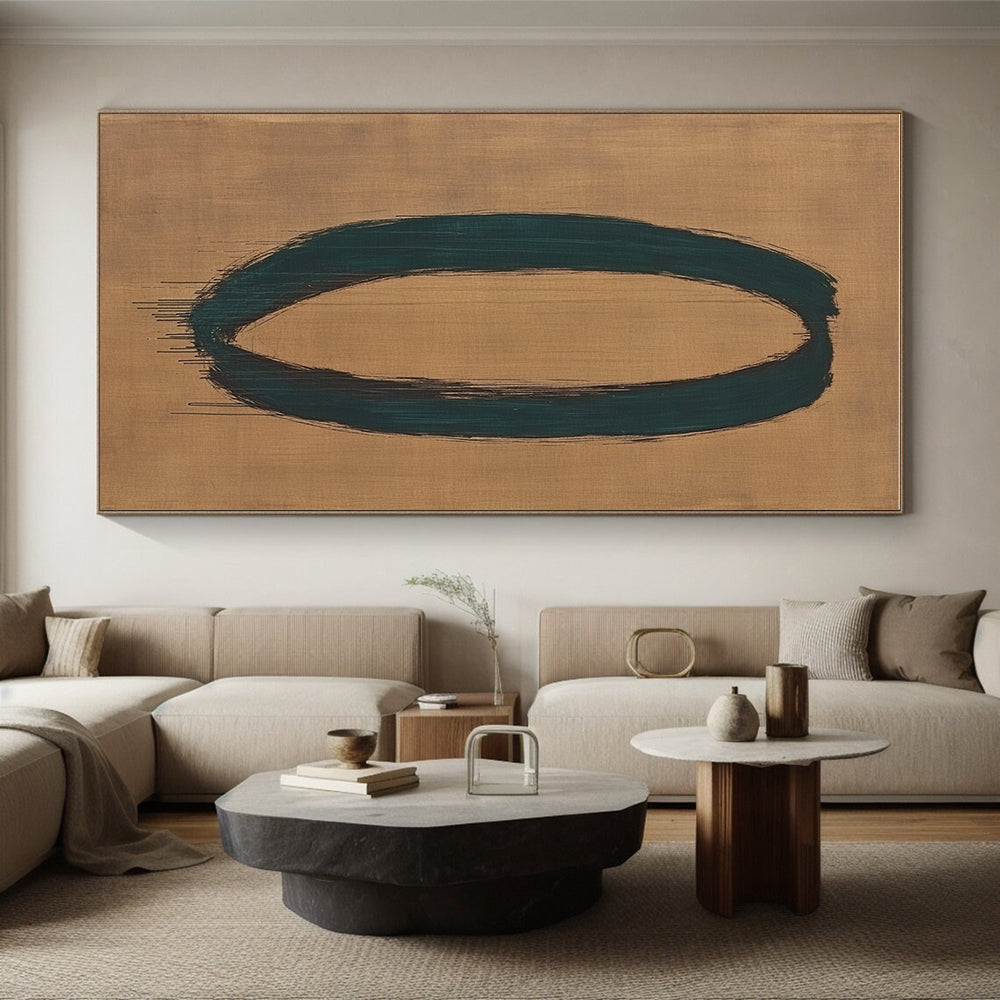 Teal Oval on Beige Abstract Painting with Expressive Brushstrokes GER033