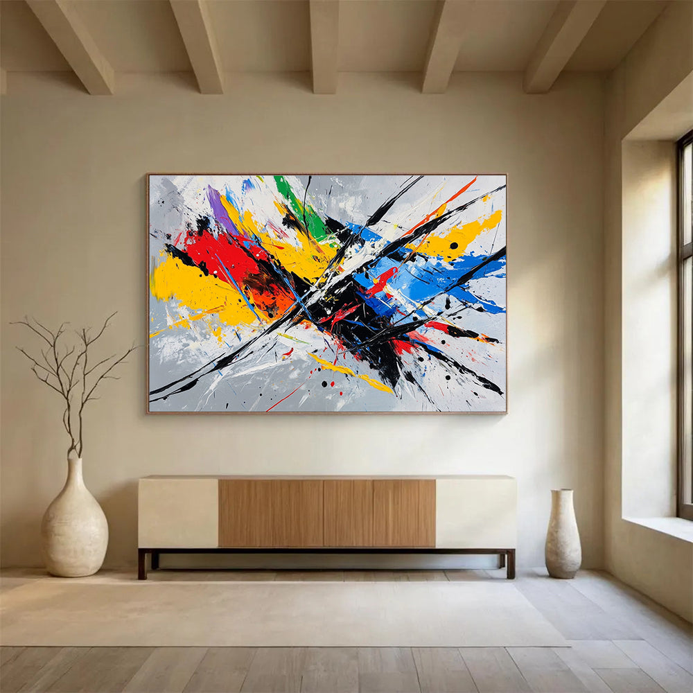 Bold abstract painting featuring dynamic lines and vibrant colors, capturing the essence of speed on a gray background.SC156