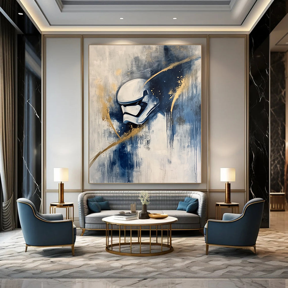 Abstract painting of a stormtrooper in action featuring white and blue tones with gold highlights in an Abstract Expressionism style on canvas.STSC667