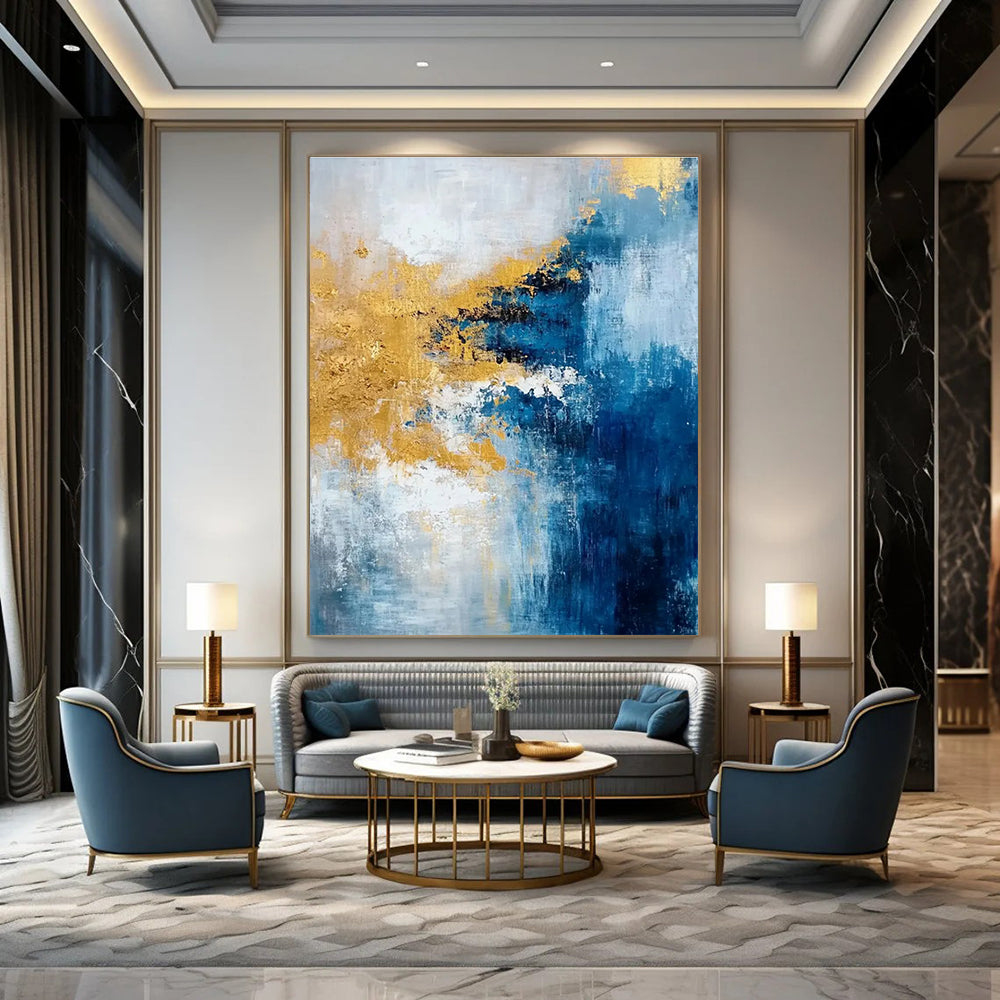 Blue and Gold Abstract Painting with Expressive Brushstrokes ADGE062