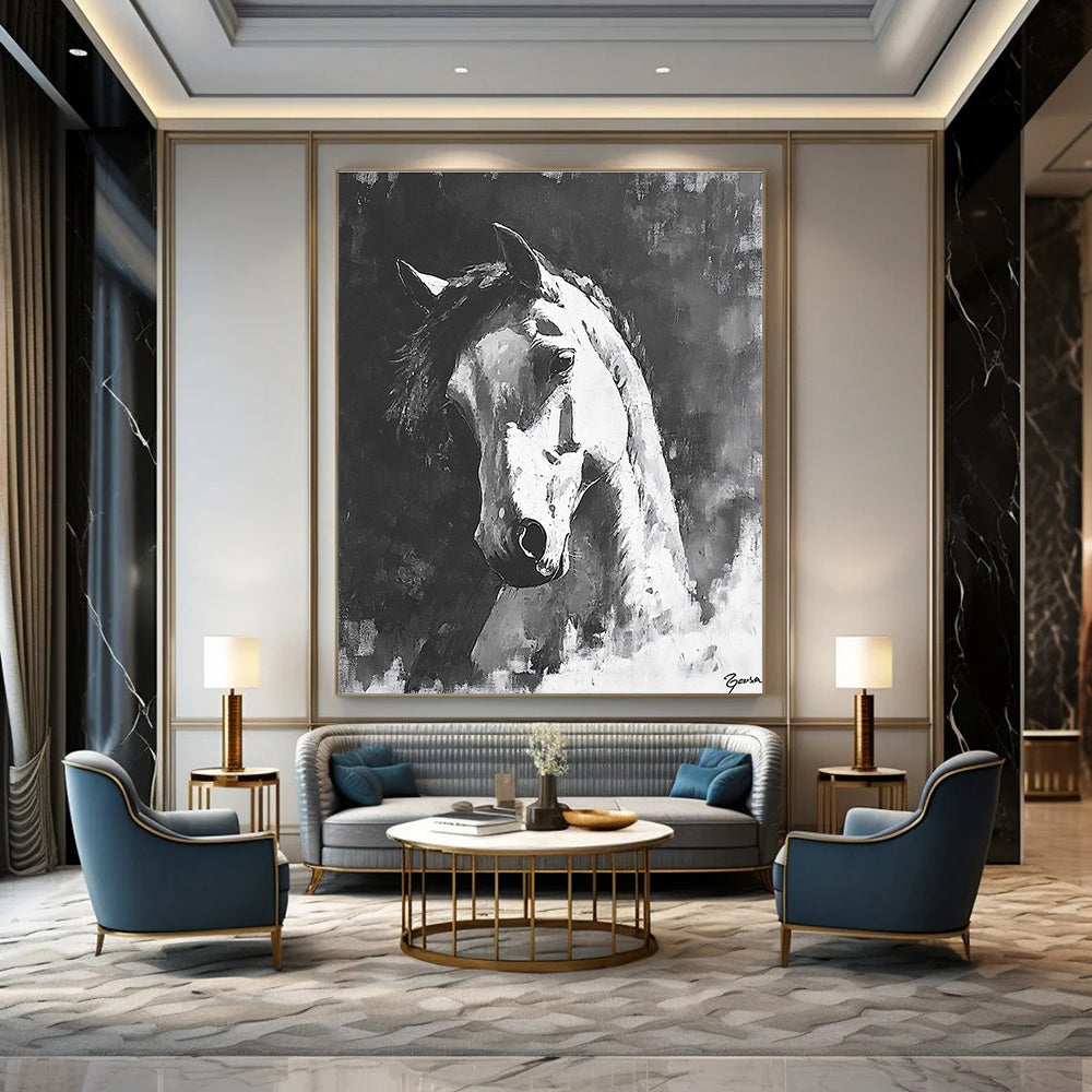 Large abstract painting of a horse in black and white featuring bold brush strokes and dramatic shadows on a textured canvas.STSC290