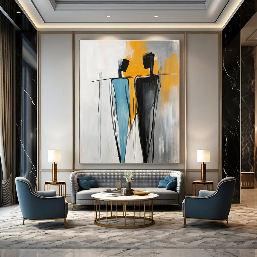 Large abstract painting featuring two figures one in light blue and the other in black with yellow accents against a white background with visible brush strokes.STSC1146