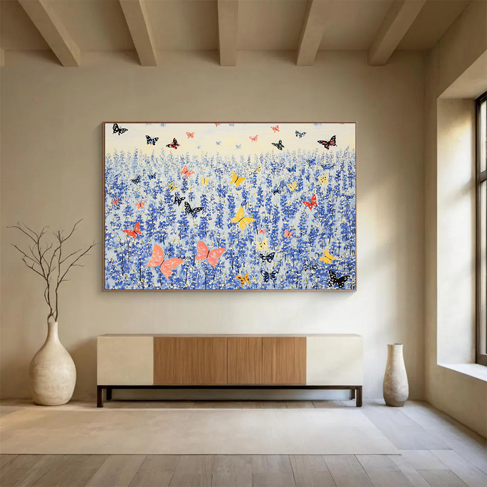An abstract painting of bluebells surrounded by colorful butterflies in the vibrant style of Henri Matisse.SC463