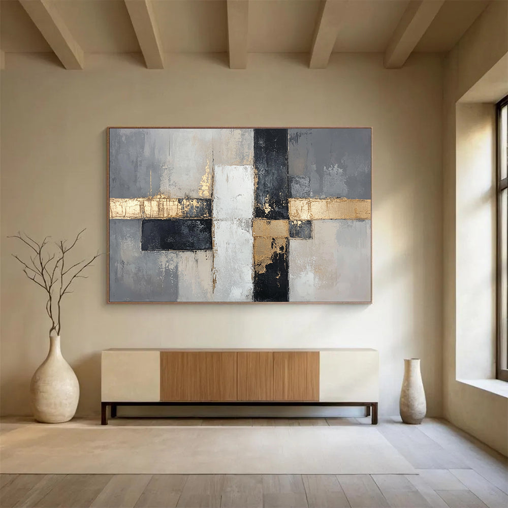 Large abstract painting in neutral tones featuring gray and beige with gold accents and geometric forms creating a sophisticated modern aesthetic.SC247