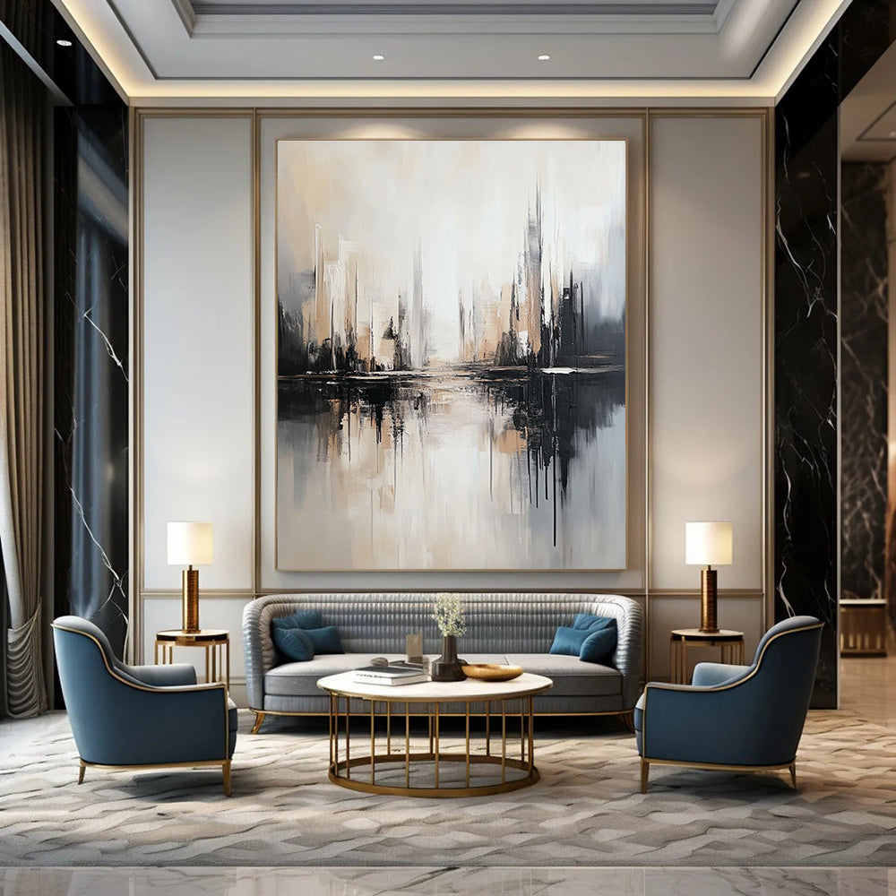 Large abstract artwork on canvas featuring neutral gray and light brown tones with a striking black and white cityscape backdrop.STSC1352