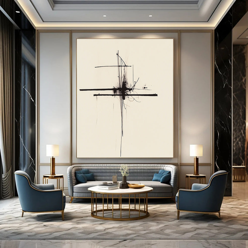 Large abstract painting featuring thin black lines on a white background inspired by Rothko's minimalistic style for a modern artistic touch.STSC1245
