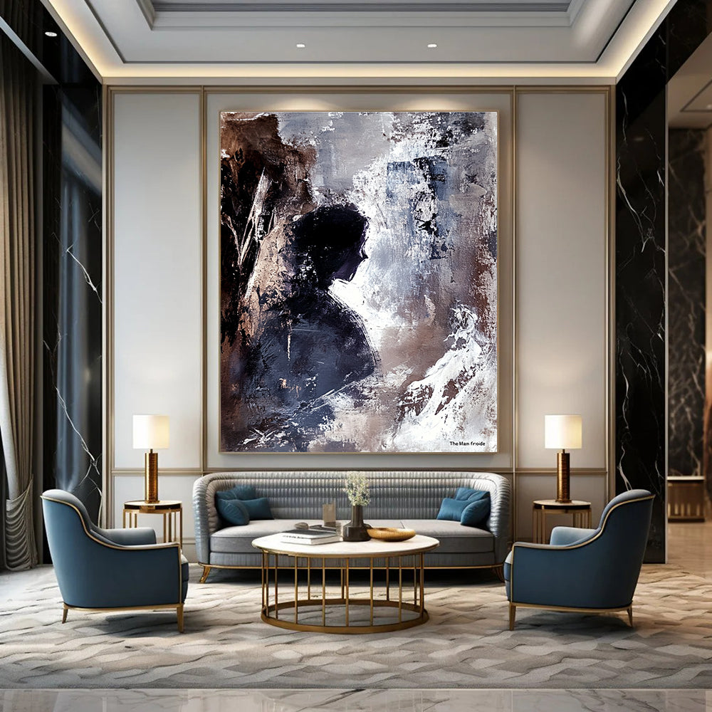 Large abstract painting of an ancient cave interior featuring a human figure in profile with strong brushstrokes conveying depth tension and mystery.STSC340